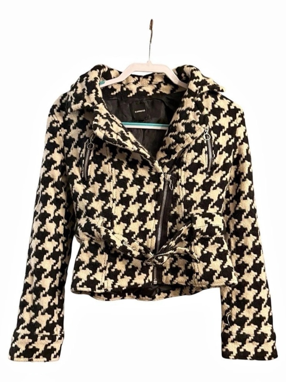 Express Houndstooth Belted Jacket in Black & Cream Size Medium
